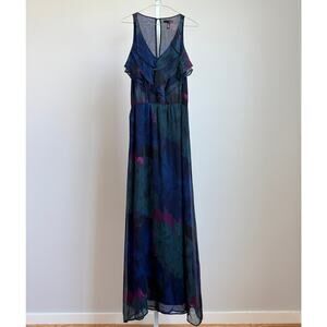 AQUA sz M blue purple 100%‎ silk ruffle maxi dress